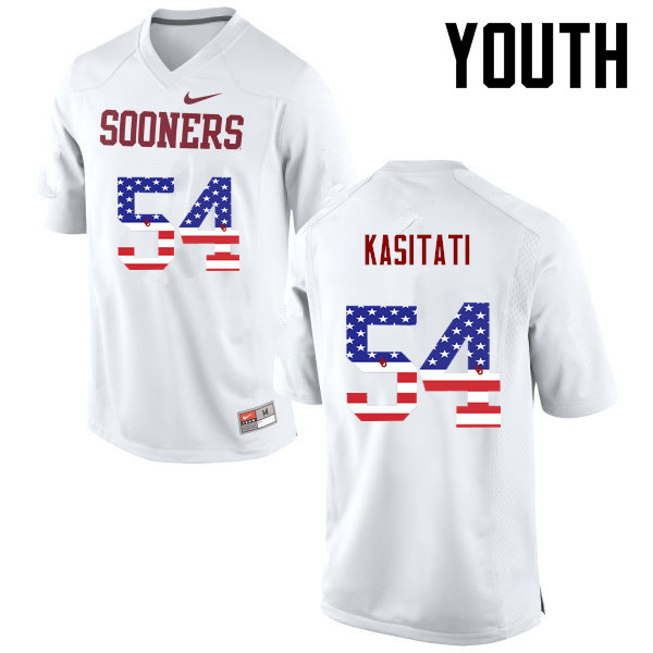Youth Oklahoma Sooners #54 Nila Kasitati College Football USA Flag Fashion Jerseys-White - Click Image to Close